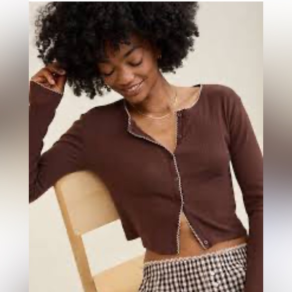 aerie Tops - Aerie Chocolate Button-Down Pointelle knit cardigan XXL NWT